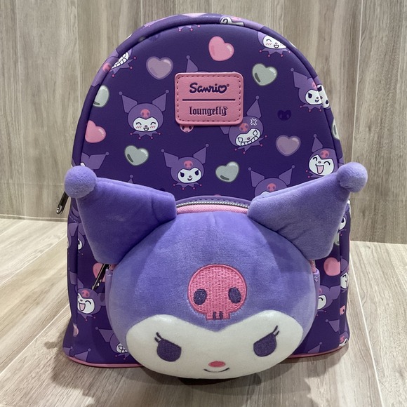 Loungefly Handbags - Loungefly Sanrio Kuromi Plush 3D Mini Backpack Purple Heart‎ All Over Print NEW